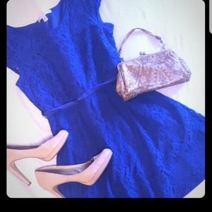 Blue lace dress with ribbon waistband